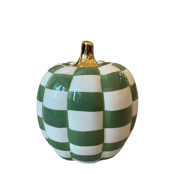Green & White CHECKERED Pumpkin w/ Gold Stem 7in Ceramic Fall Home Decor New - Picture 10 of 11